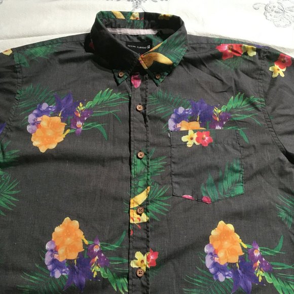 #61 Ocean Current all over Floral Print Hawaiian Shirt Mens Size L camp relax - Picture 1 of 6